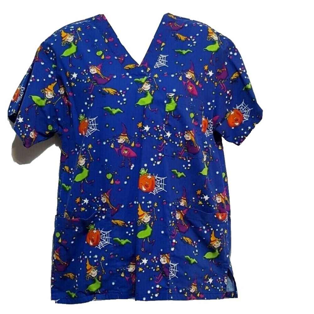 Peaches Uniforms Scrub Top XS Halloween Pumpkins Witch Blue
